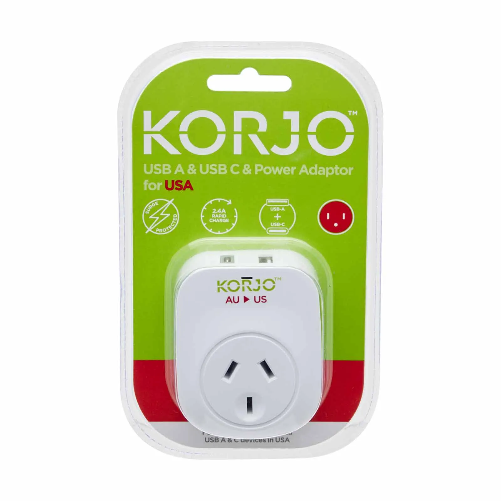 Korjo Travel Adaptor USB Port A and C Australia to US