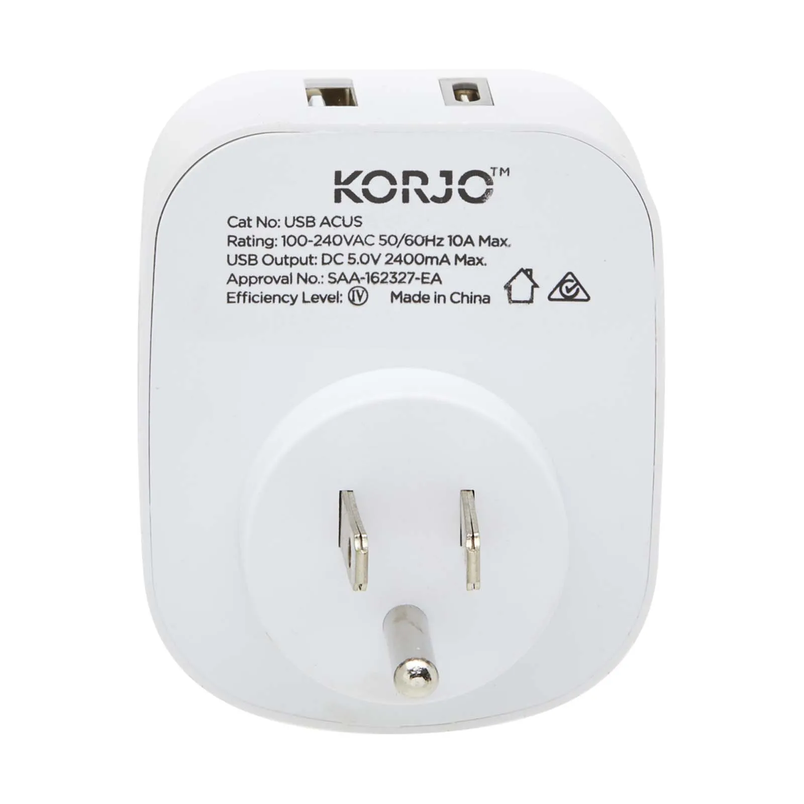 Korjo Travel Adaptor USB Port A and C Australia to US