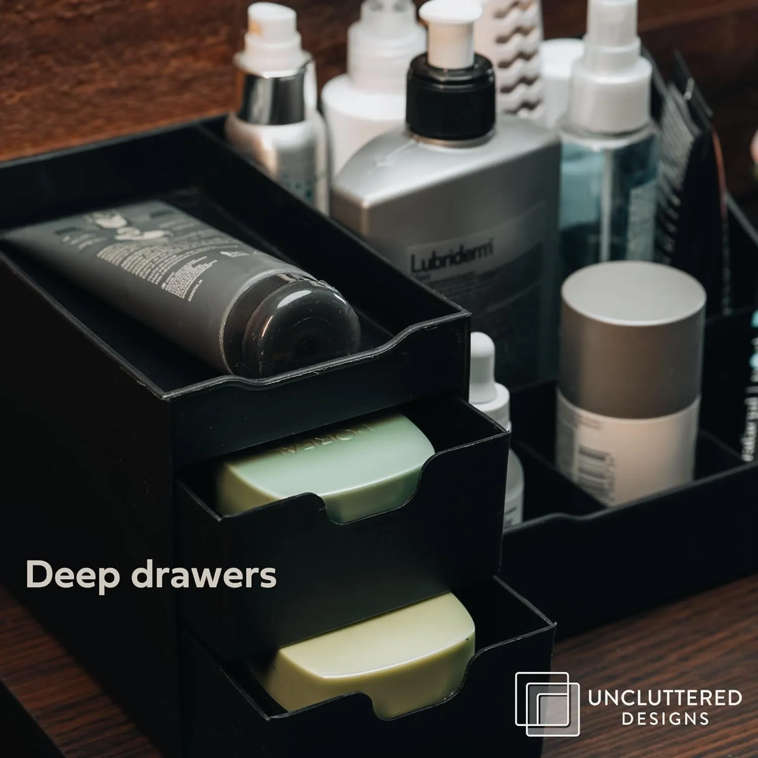 Large Black Vanity Organizer - Countertop Mens Organizer with Drawers for Cologne, Deodorant, Beard, Shaving Lotion, Perfume & Skincare - Perfect for Bathroom & Bedroom Storage
