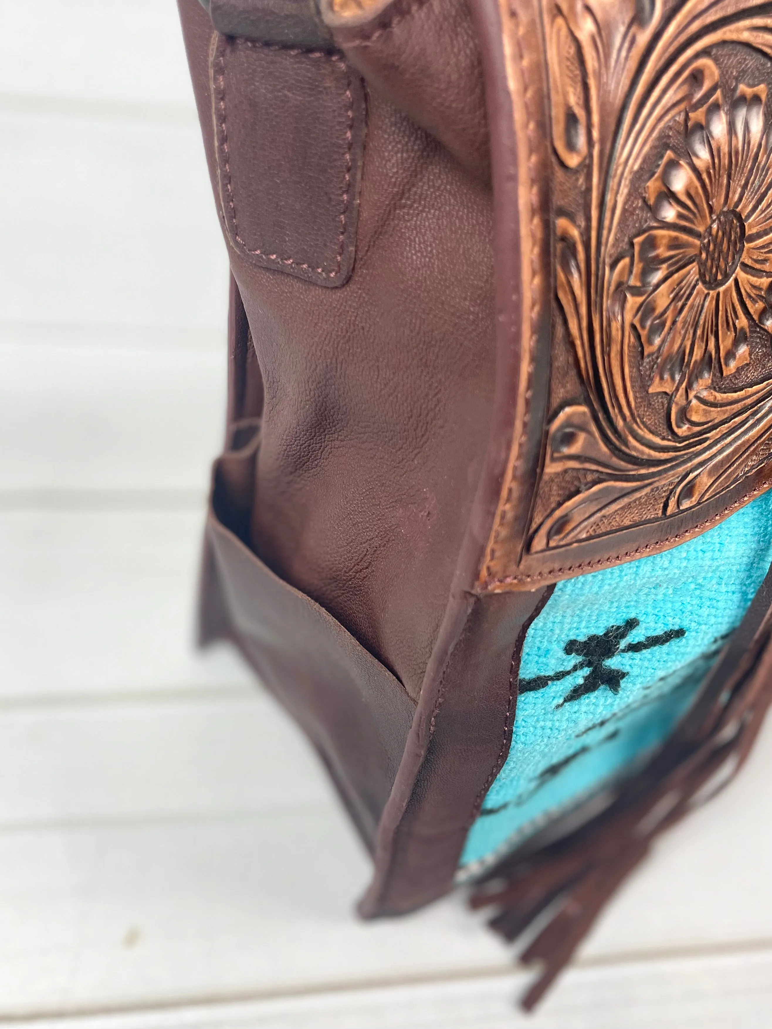 Large Tooled Leather & Blue Wool Tote