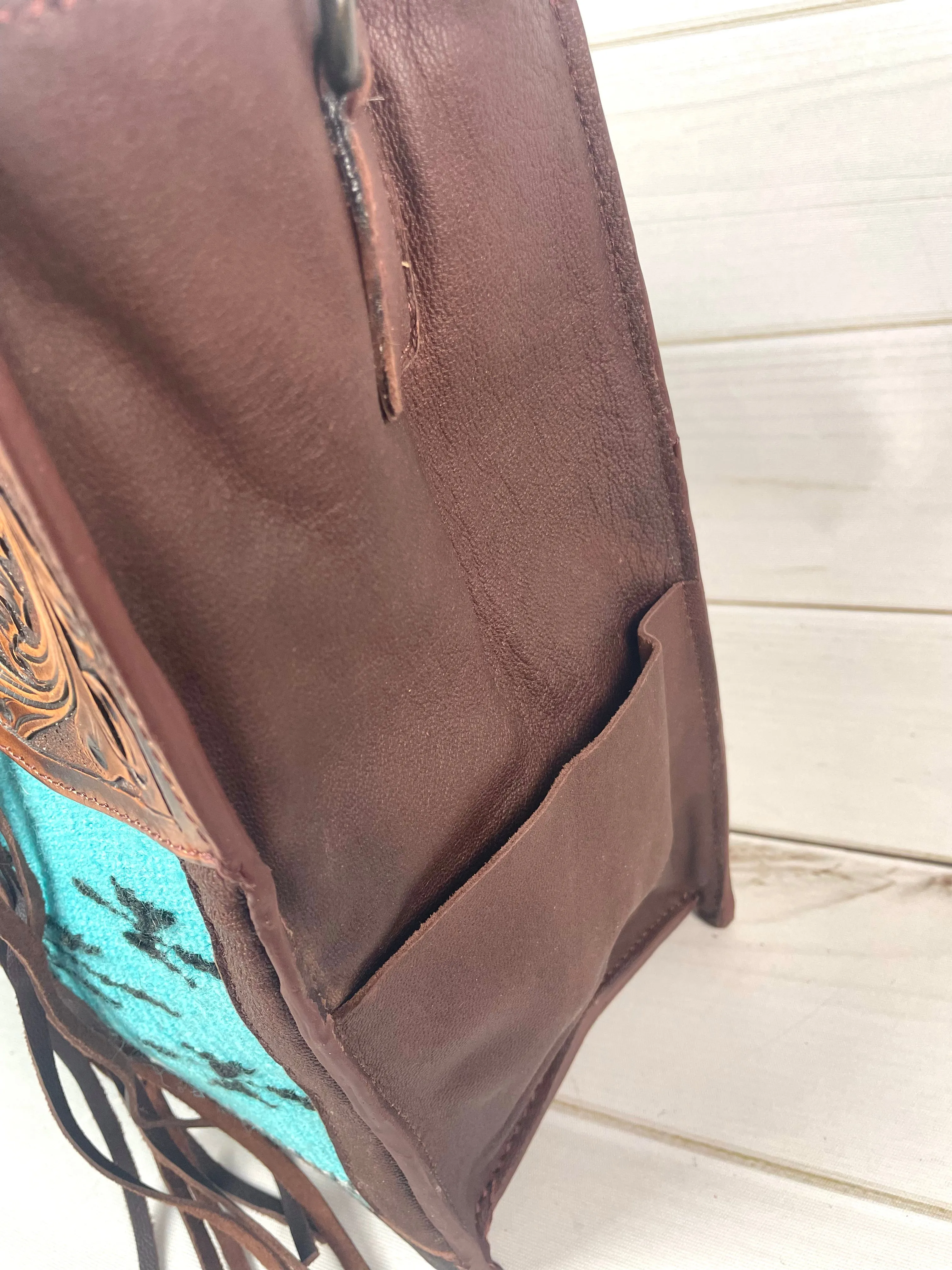 Large Tooled Leather & Blue Wool Tote
