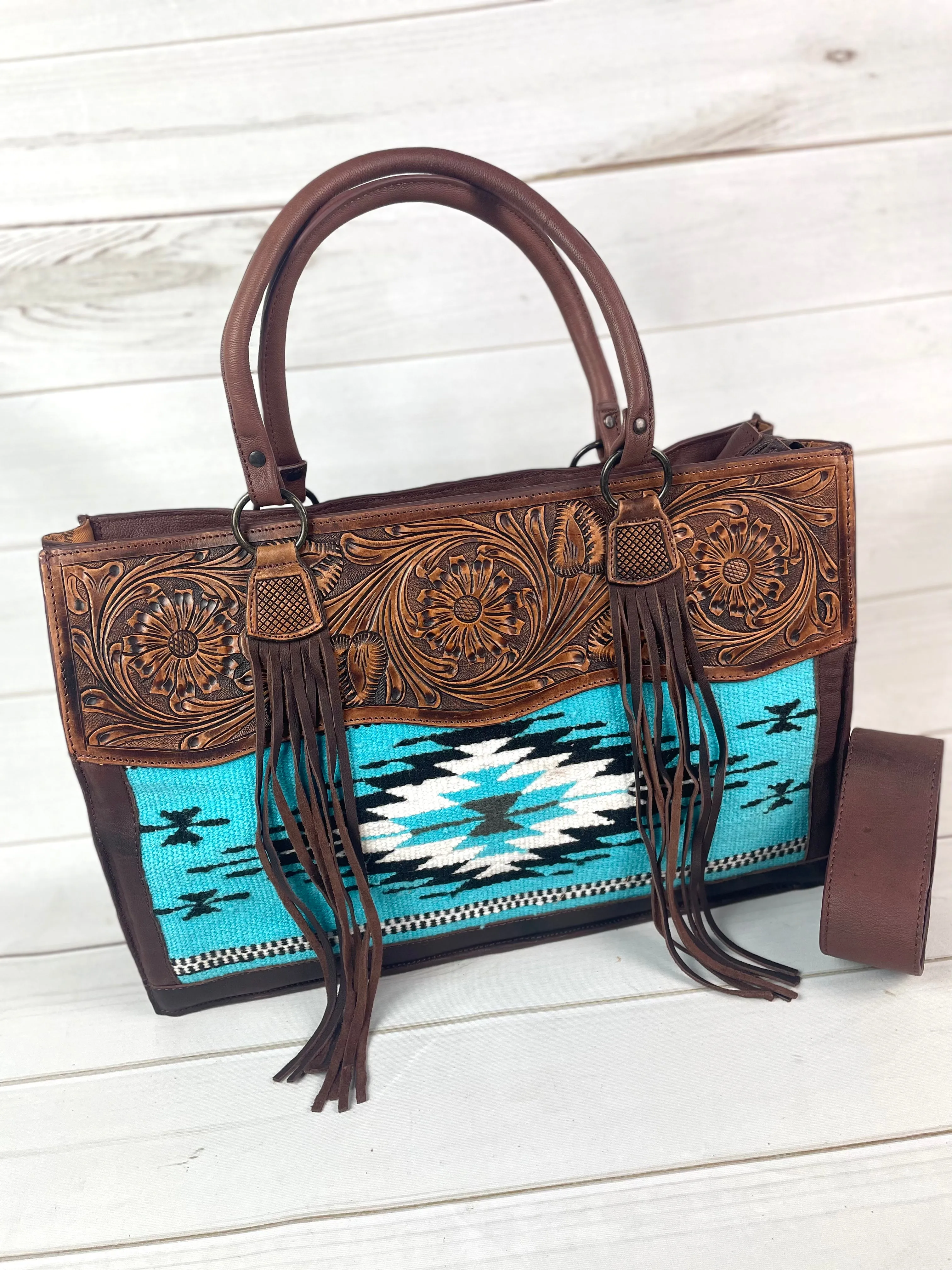 Large Tooled Leather & Blue Wool Tote