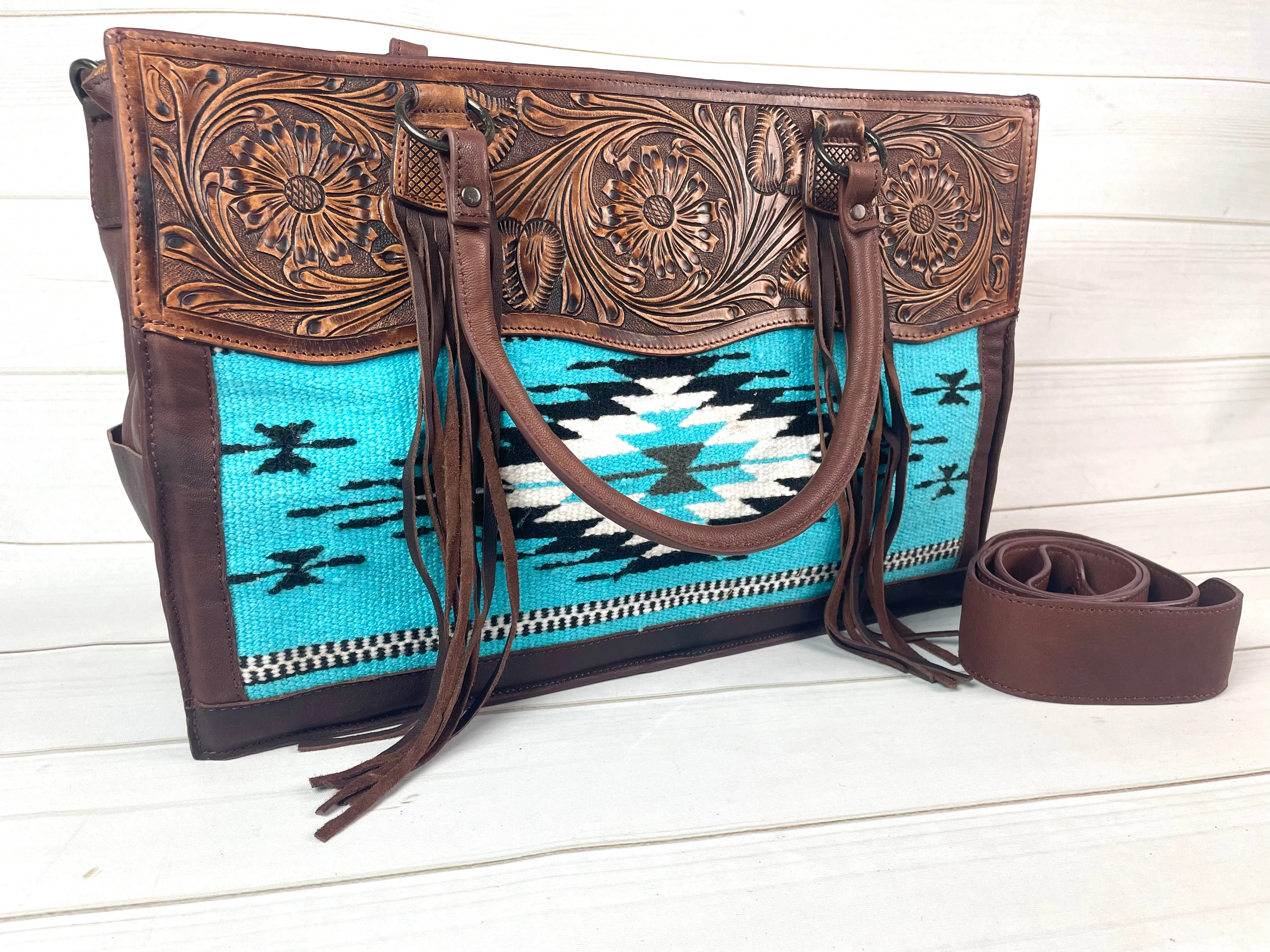 Large Tooled Leather & Blue Wool Tote