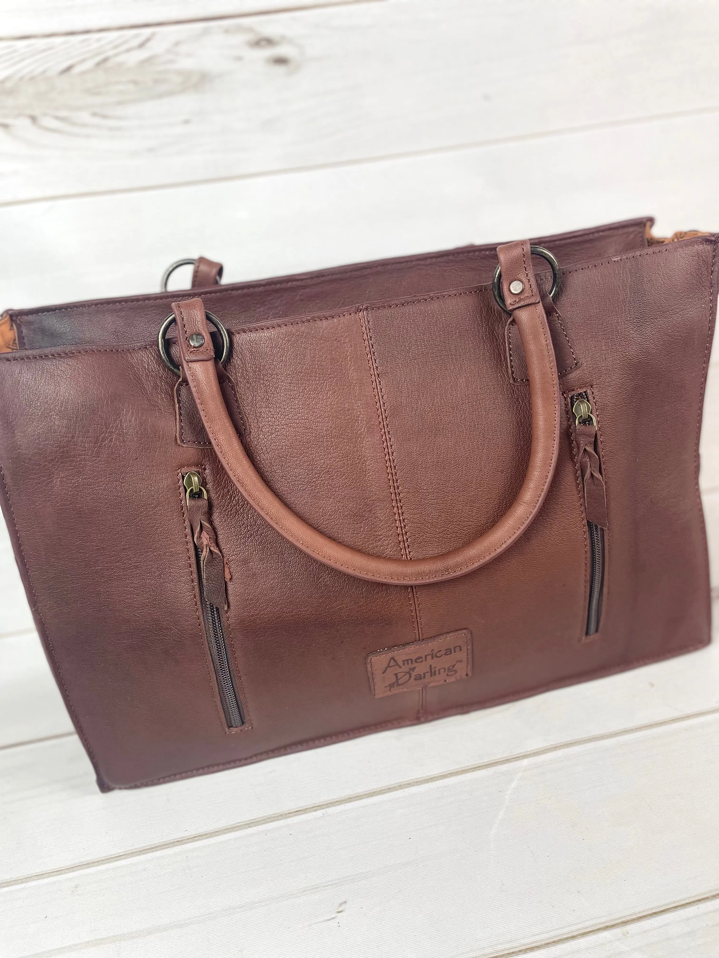 Large Tooled Leather & Blue Wool Tote