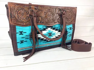 Large Tooled Leather & Blue Wool Tote
