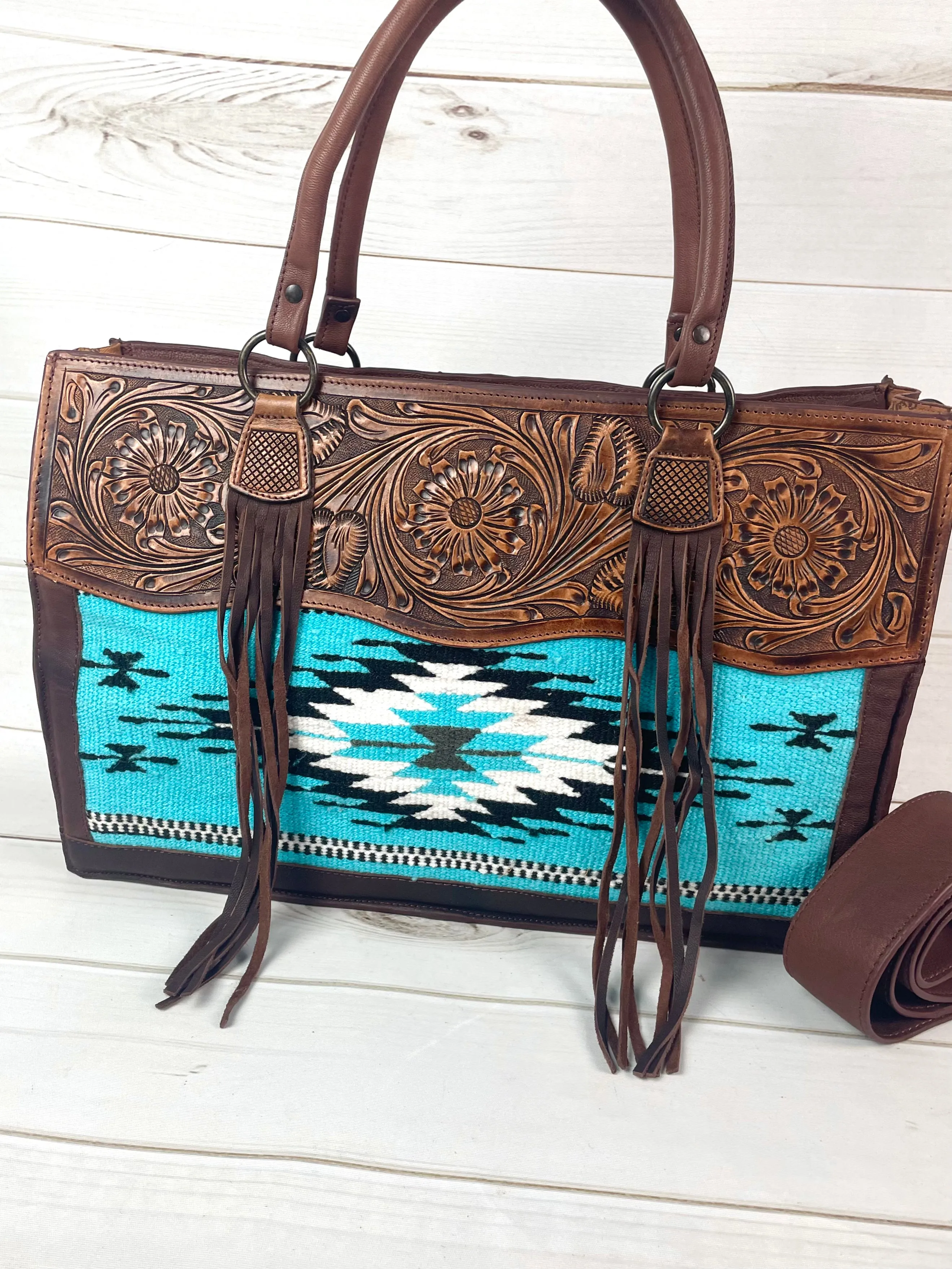 Large Tooled Leather & Blue Wool Tote