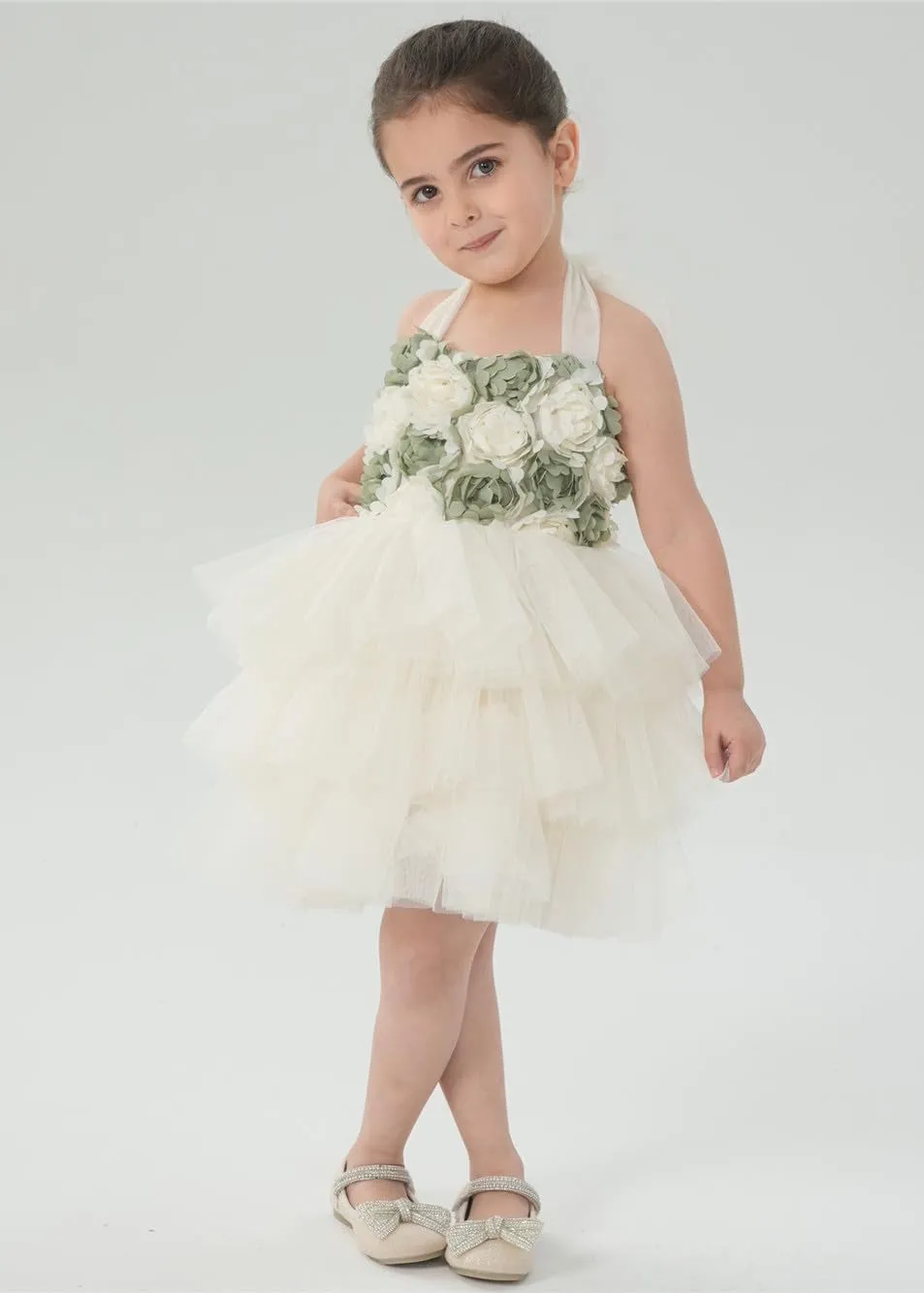 Lily Adjustable Strap Girl Dress in Sage 3D Flower