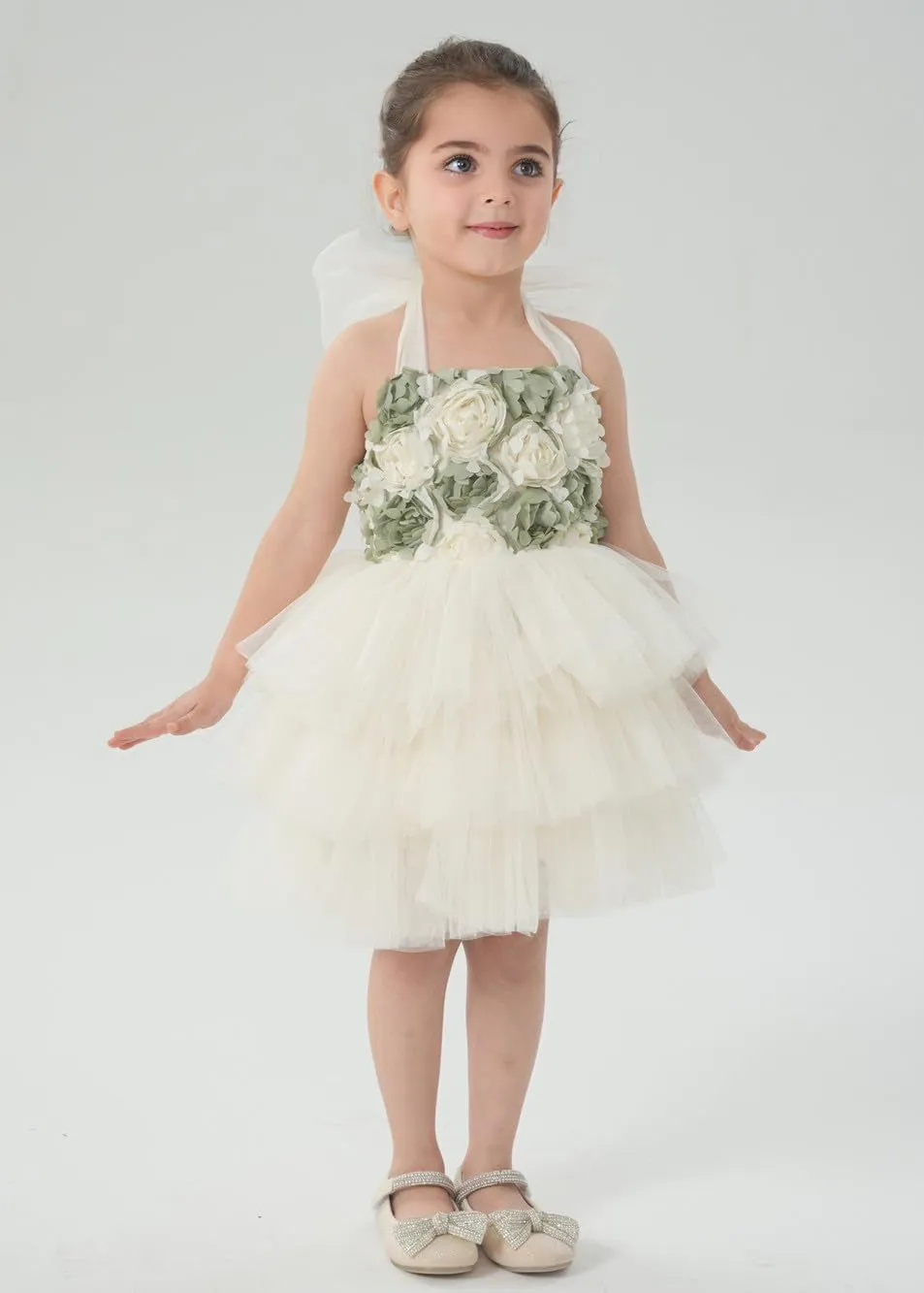 Lily Adjustable Strap Girl Dress in Sage 3D Flower