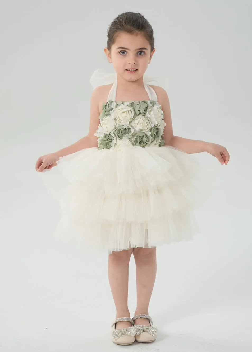 Lily Adjustable Strap Girl Dress in Sage 3D Flower