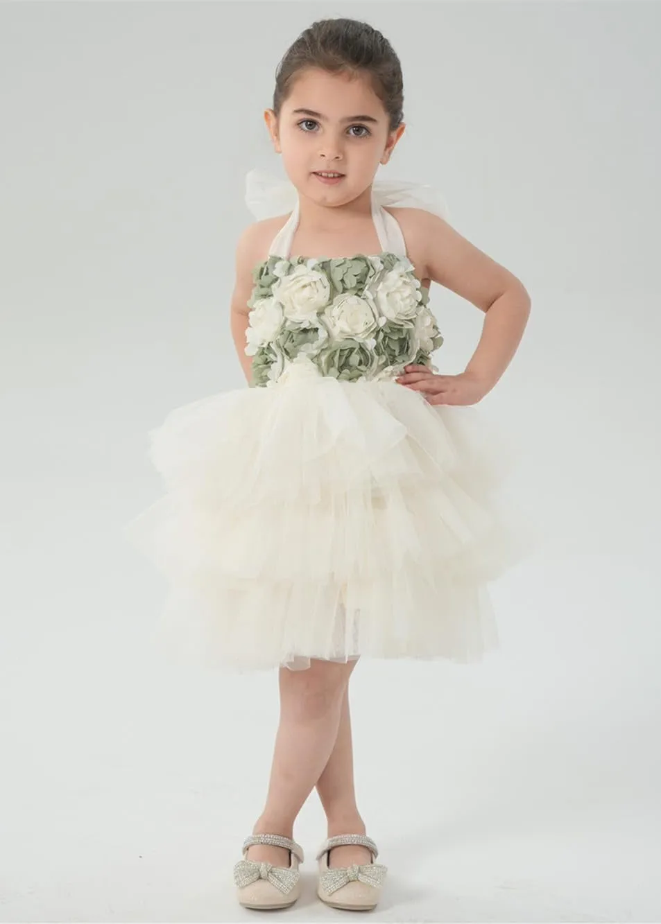 Lily Adjustable Strap Girl Dress in Sage 3D Flower