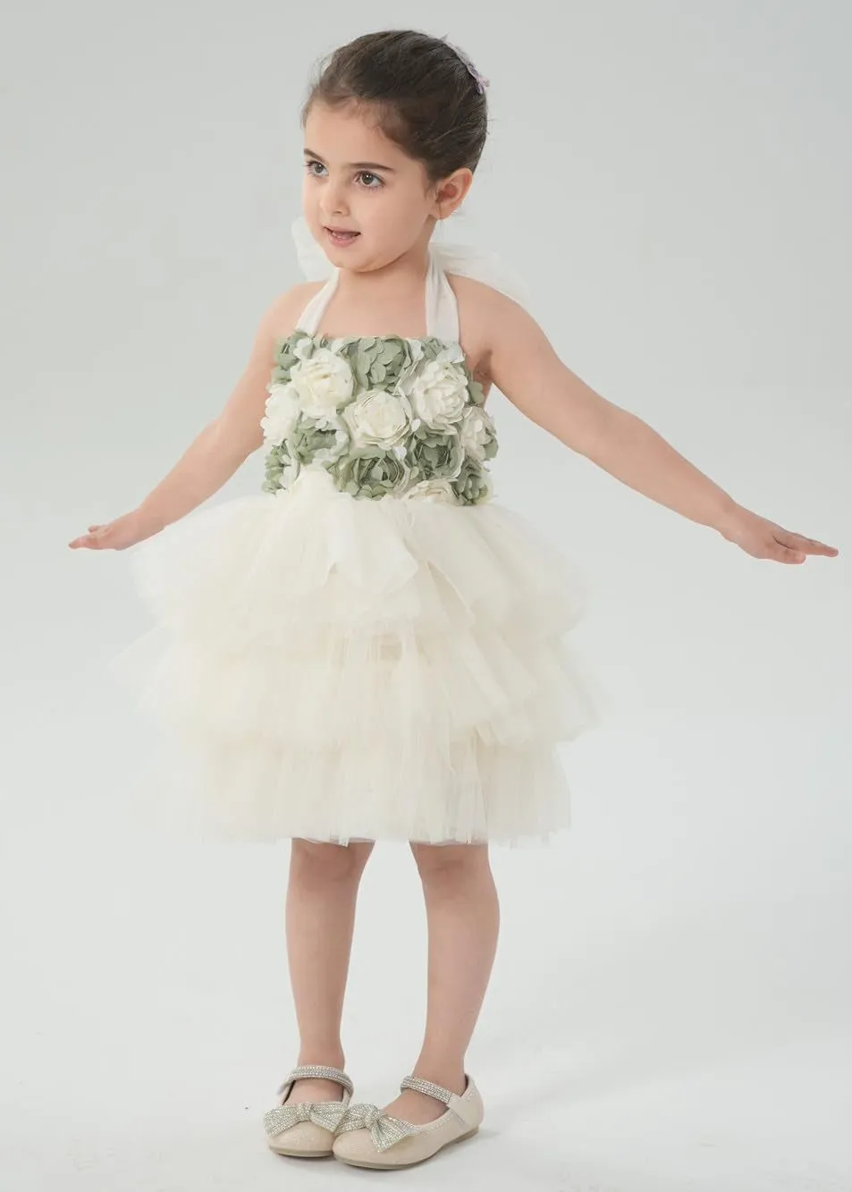 Lily Adjustable Strap Girl Dress in Sage 3D Flower
