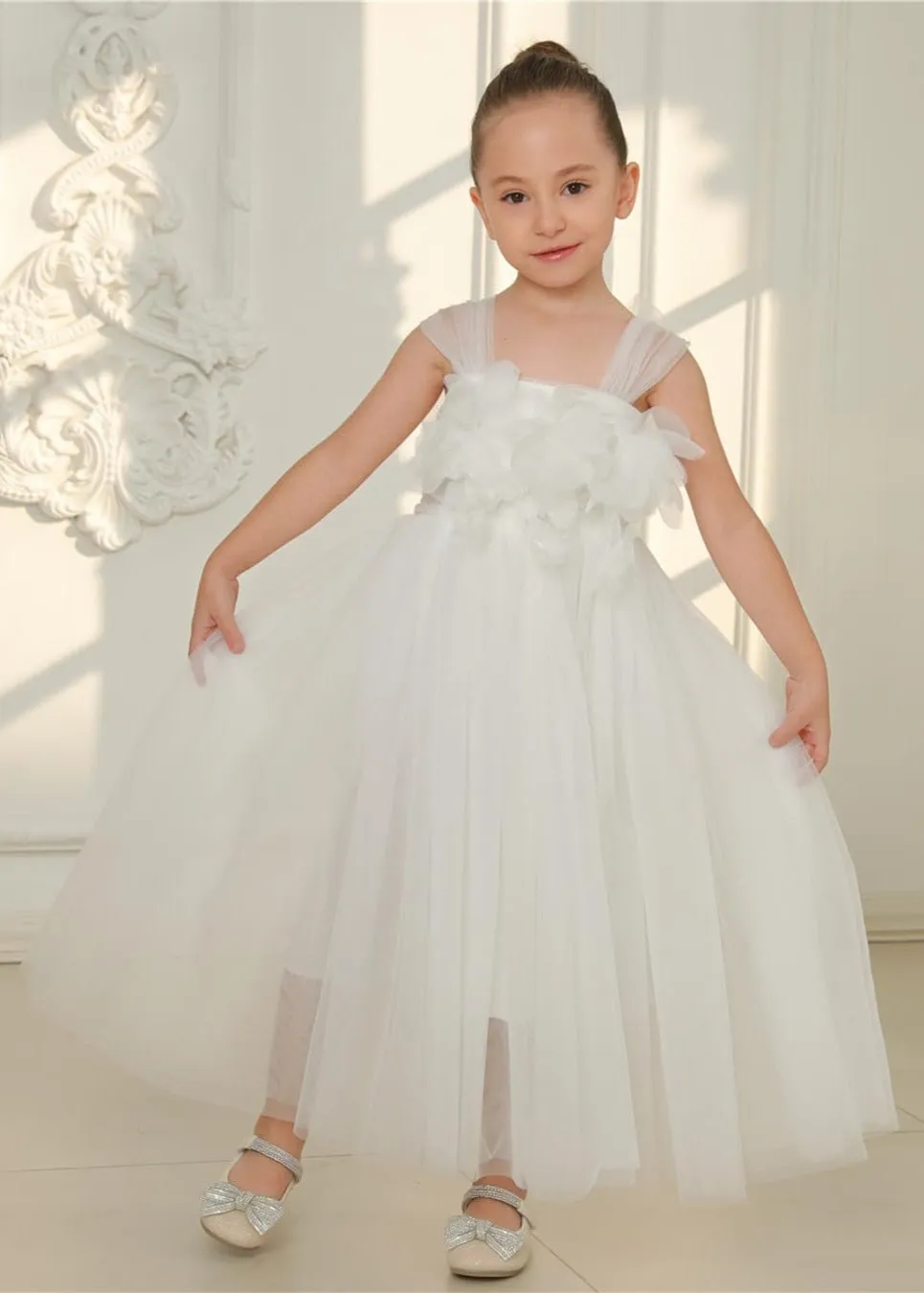 Lily Adjustable Strap Girl Dress in White Maxi 3D Flower Petal