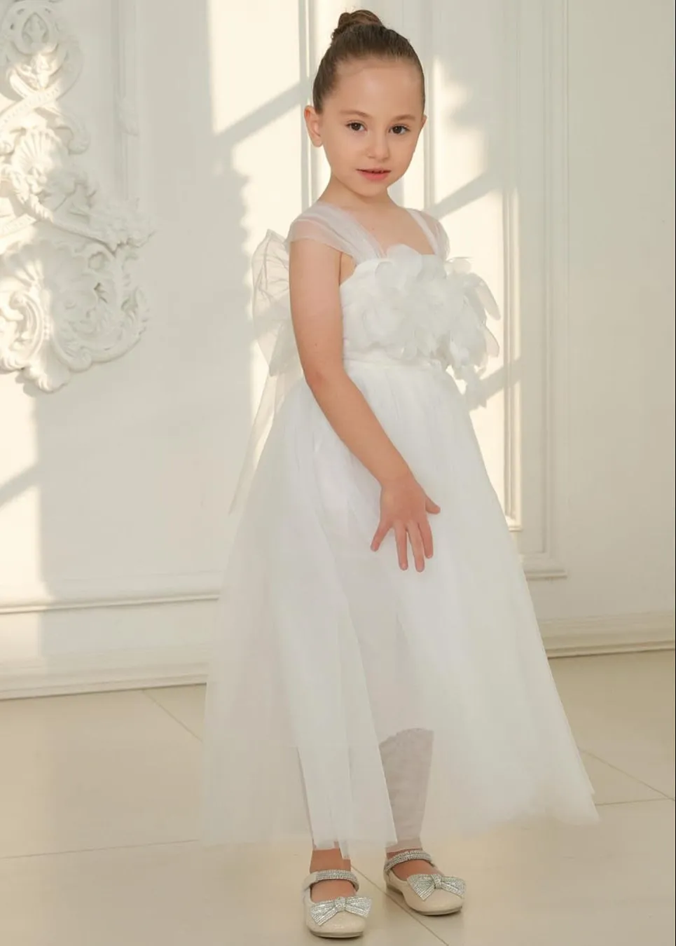 Lily Adjustable Strap Girl Dress in White Maxi 3D Flower Petal