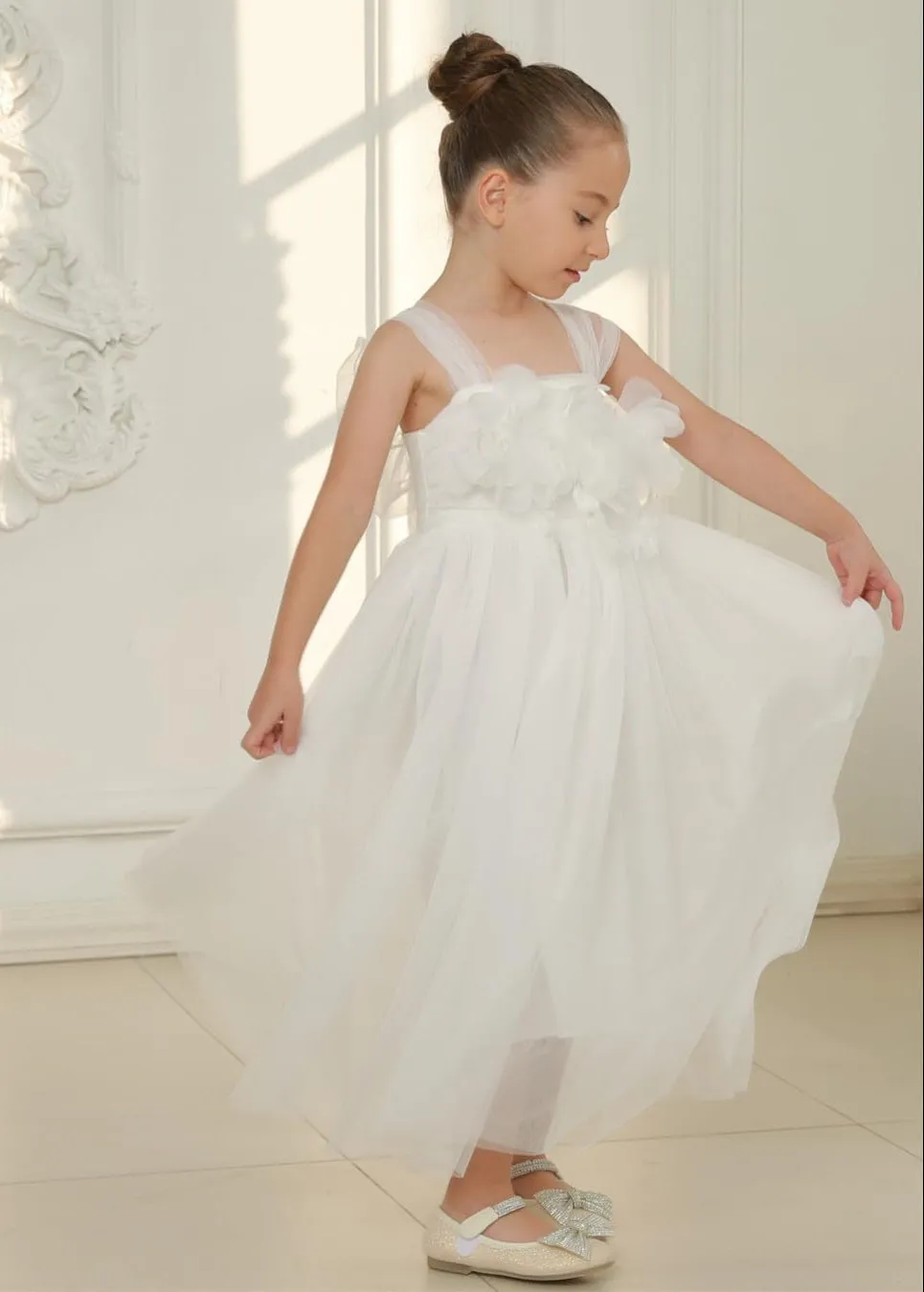 Lily Adjustable Strap Girl Dress in White Maxi 3D Flower Petal