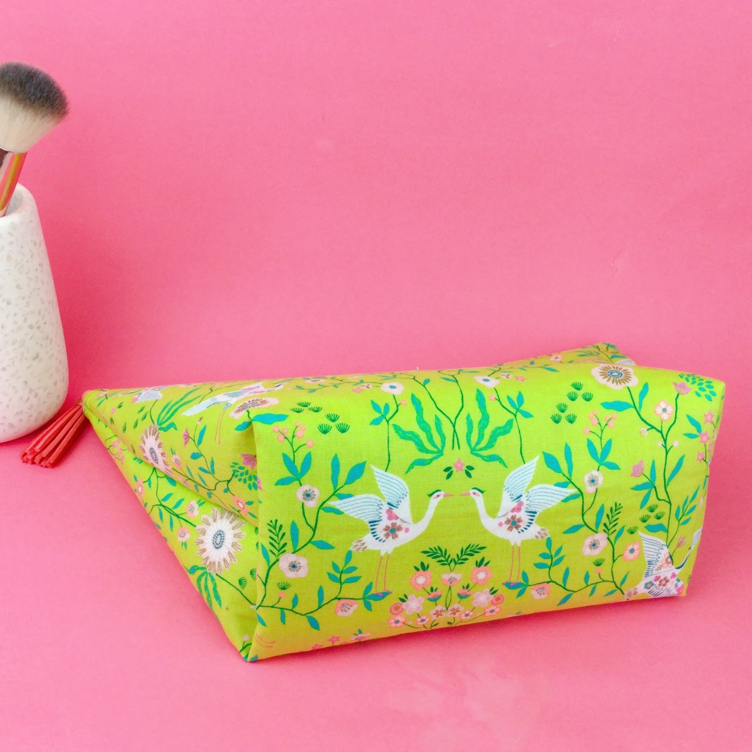 Lime Cranes Large Makeup Bag. Green Makeup Bag