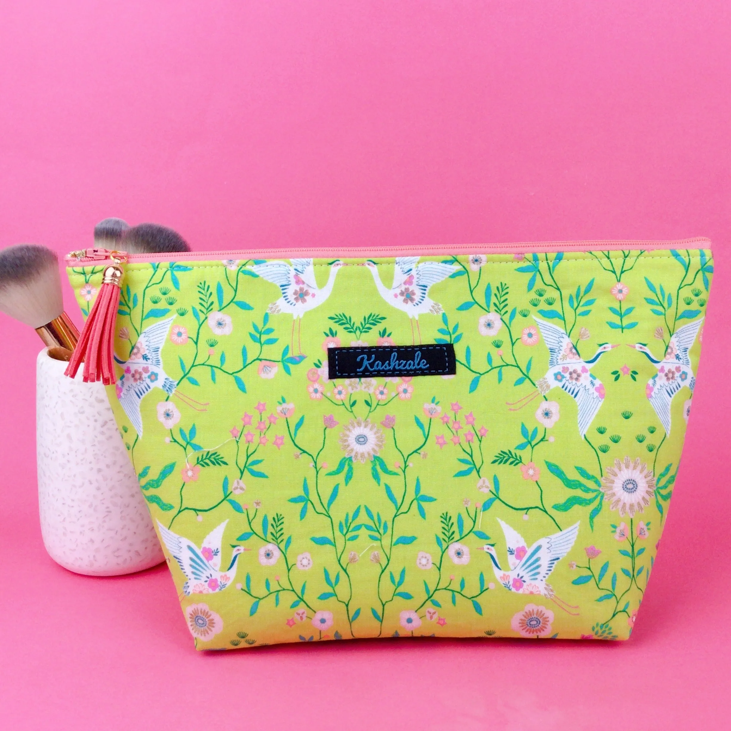 Lime Cranes Large Makeup Bag. Green Makeup Bag