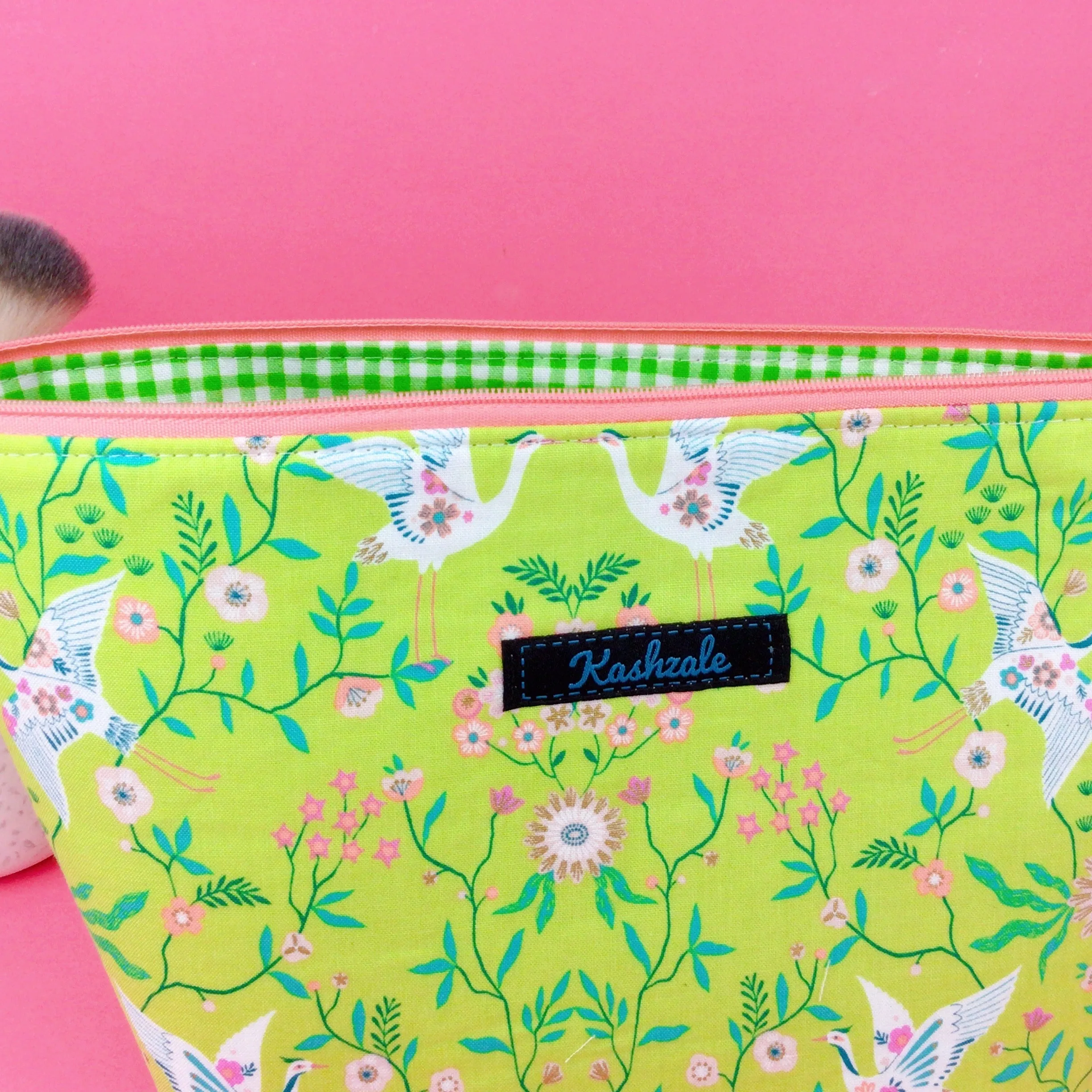 Lime Cranes Large Makeup Bag. Green Makeup Bag