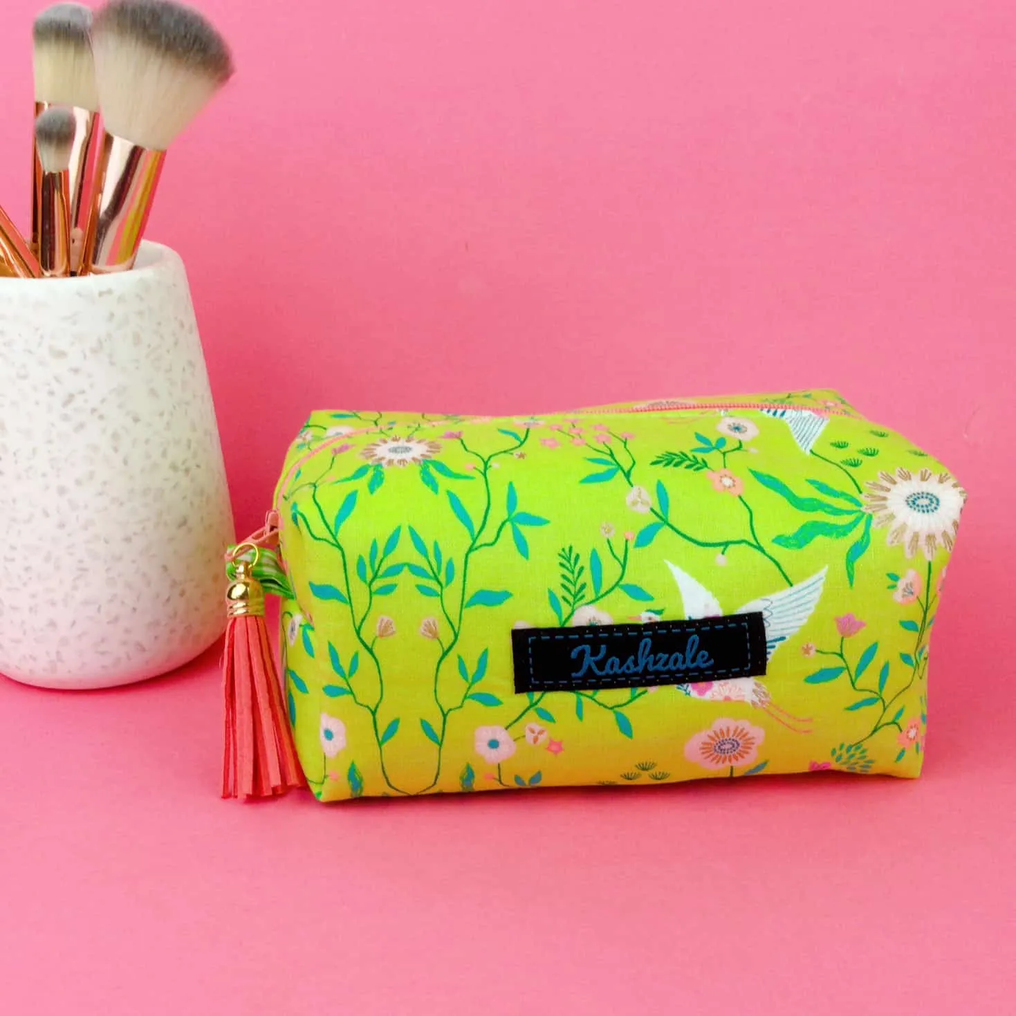 Lime Cranes Medium Box Makeup Bag. Lime Makeup Bag