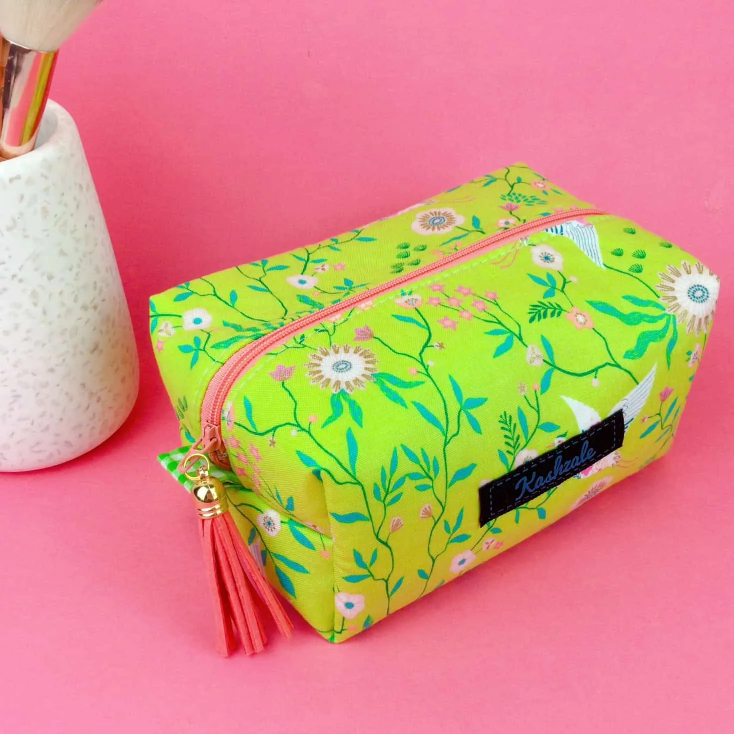 Lime Cranes Medium Box Makeup Bag. Lime Makeup Bag