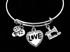 Love to Sew sewing Machine Buttons Heart Shaped Love Charm Silver Charm Bracelet Expandable Adjustable Wire Bangle Trendy Stacking Gift Inspired Handmade