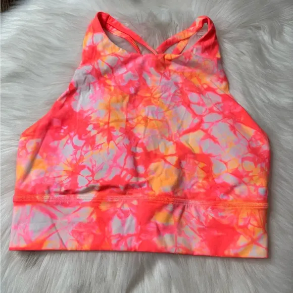 Lululemon Energy Bra High Neck Long Line Shibori Grapefruit Florid Orange