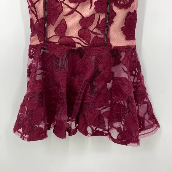 Lulus Alluring Dream Burgundy Floral Mesh Trumpet Midi Dress, size XS