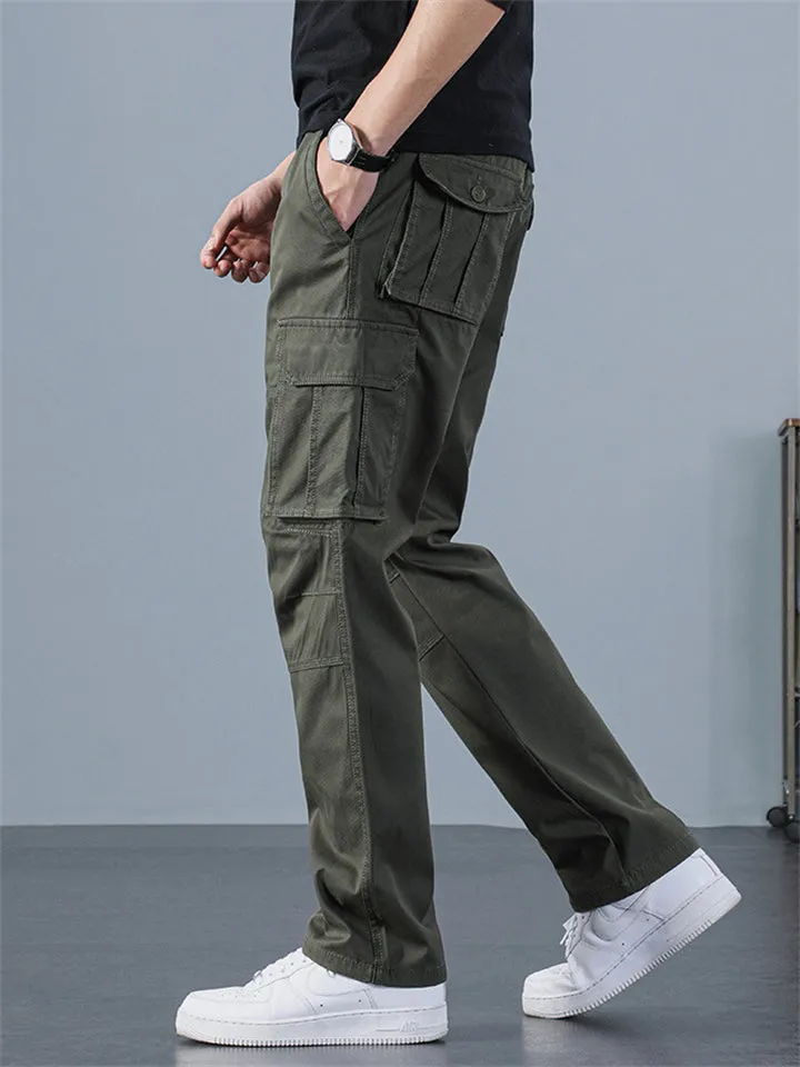 Male Solid Straight Multiple Pockets Cargo Straight Trousers