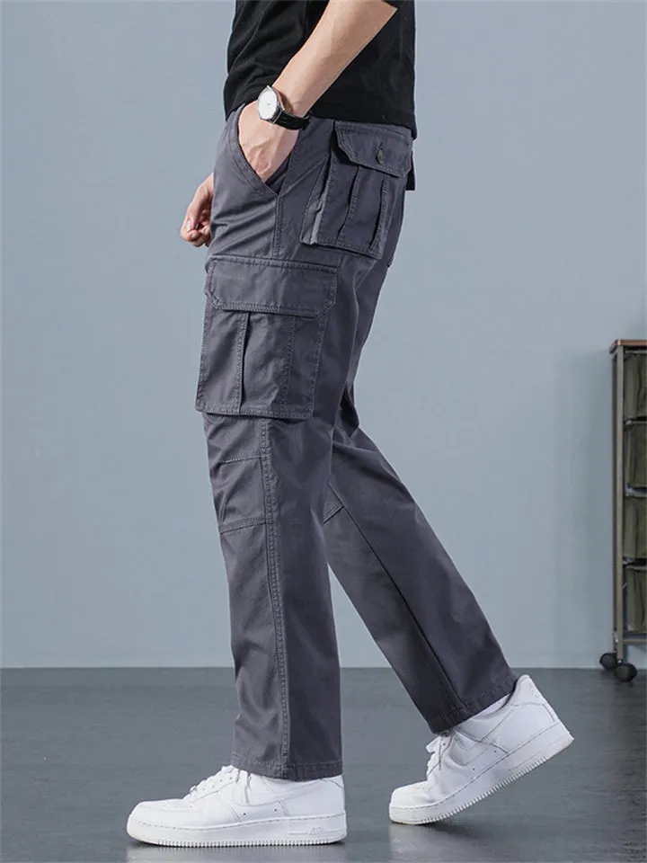 Male Solid Straight Multiple Pockets Cargo Straight Trousers