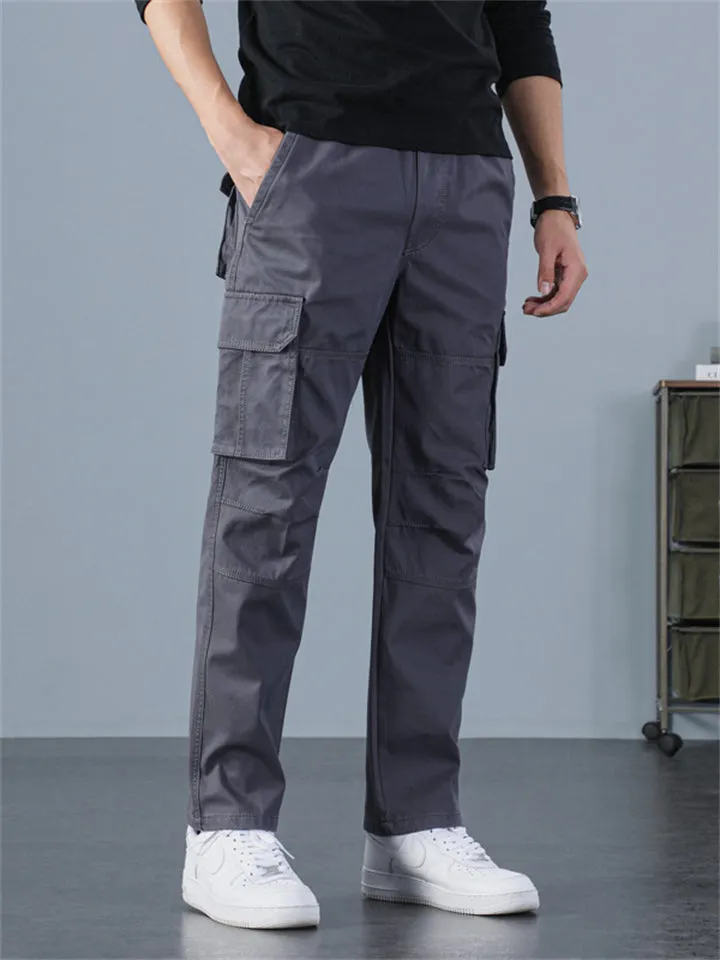 Male Solid Straight Multiple Pockets Cargo Straight Trousers