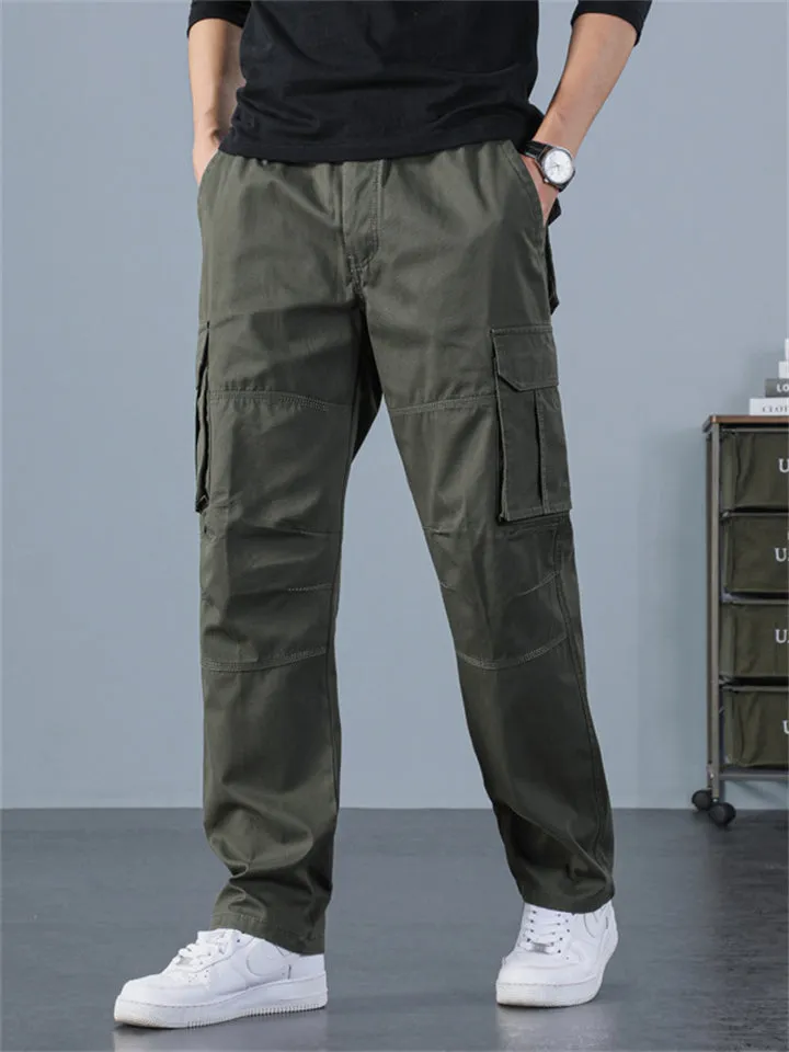Male Solid Straight Multiple Pockets Cargo Straight Trousers