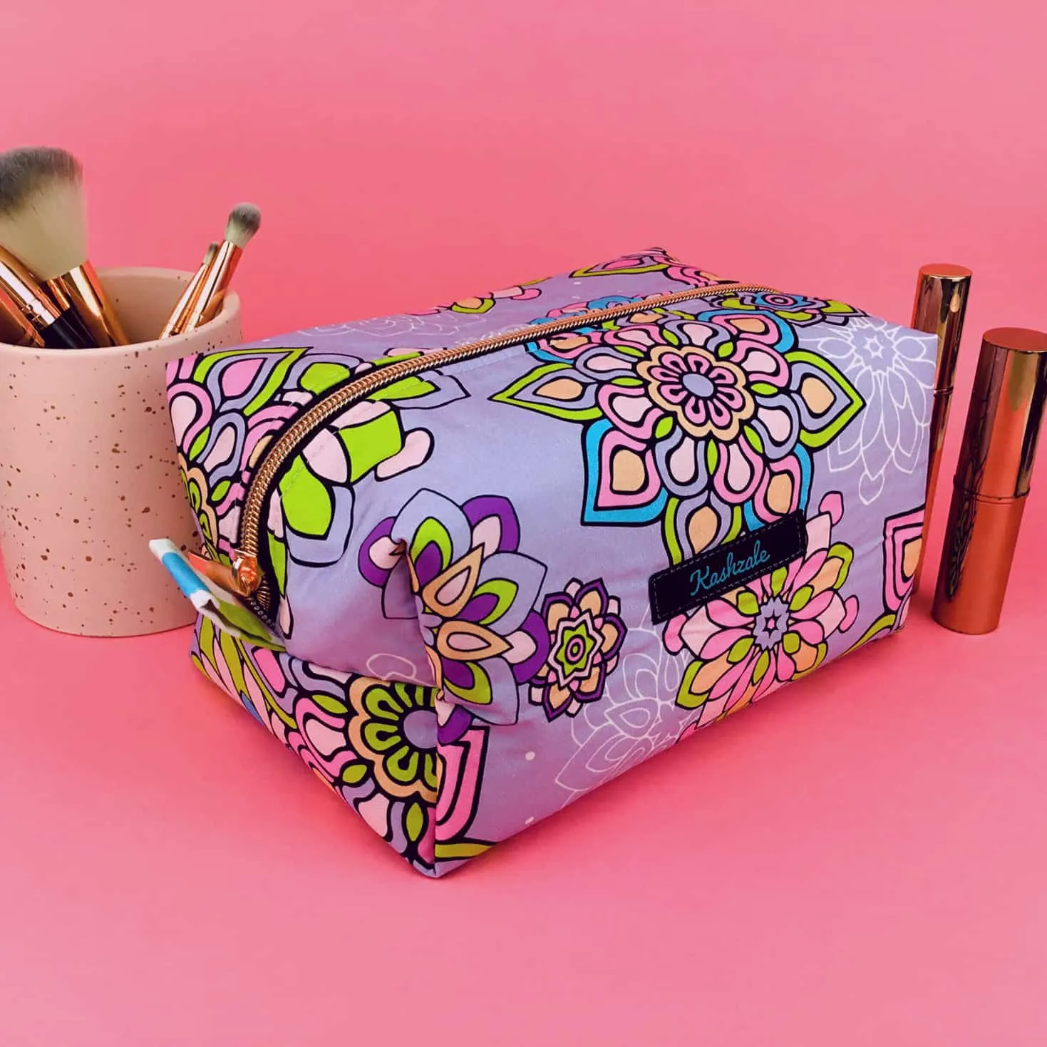 Mandala Magnifica Mauve Large Box Cosmetic Bag. Exclusive Design.