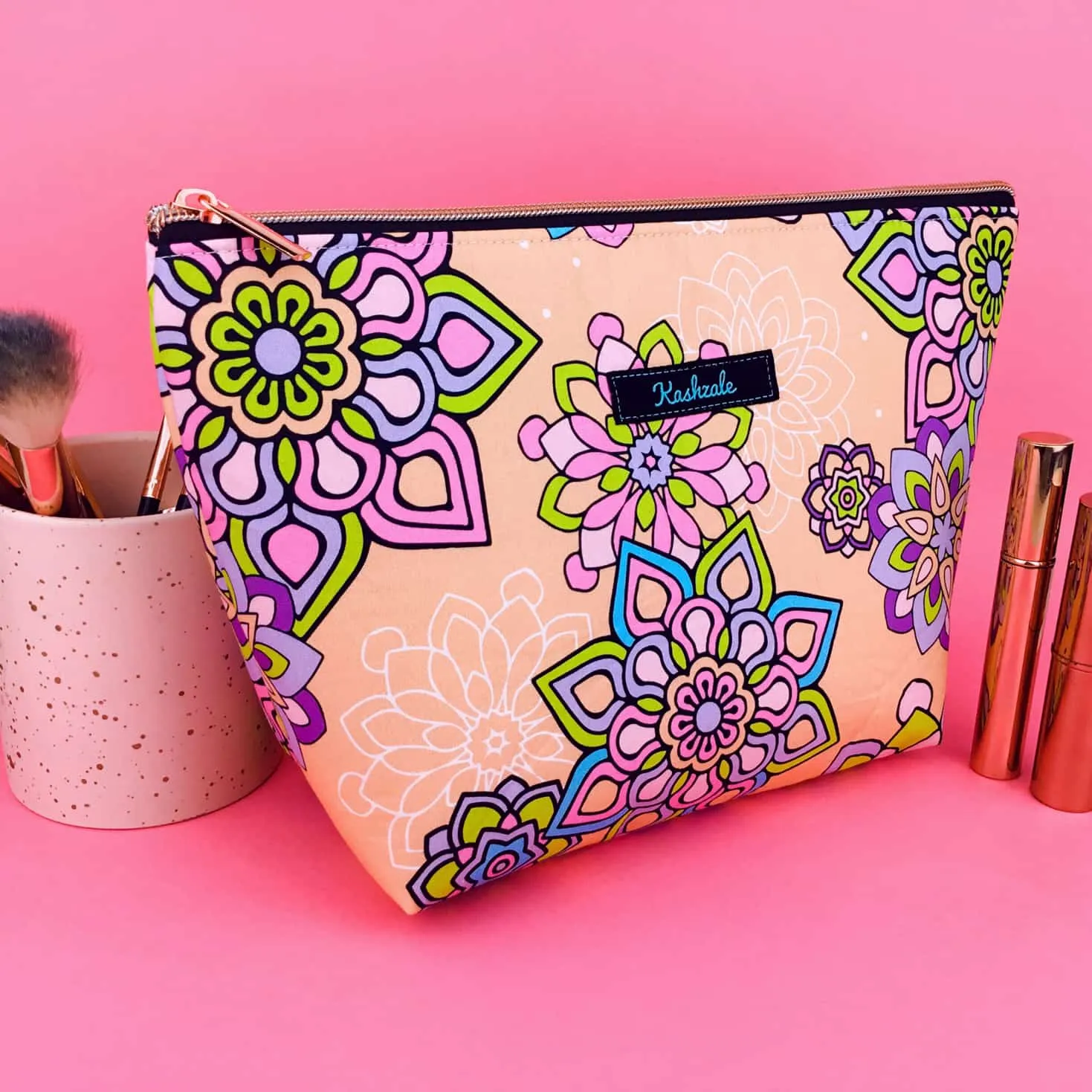 Mandala Magnifica Peach Large Makeup Bag. Exclusive Design.