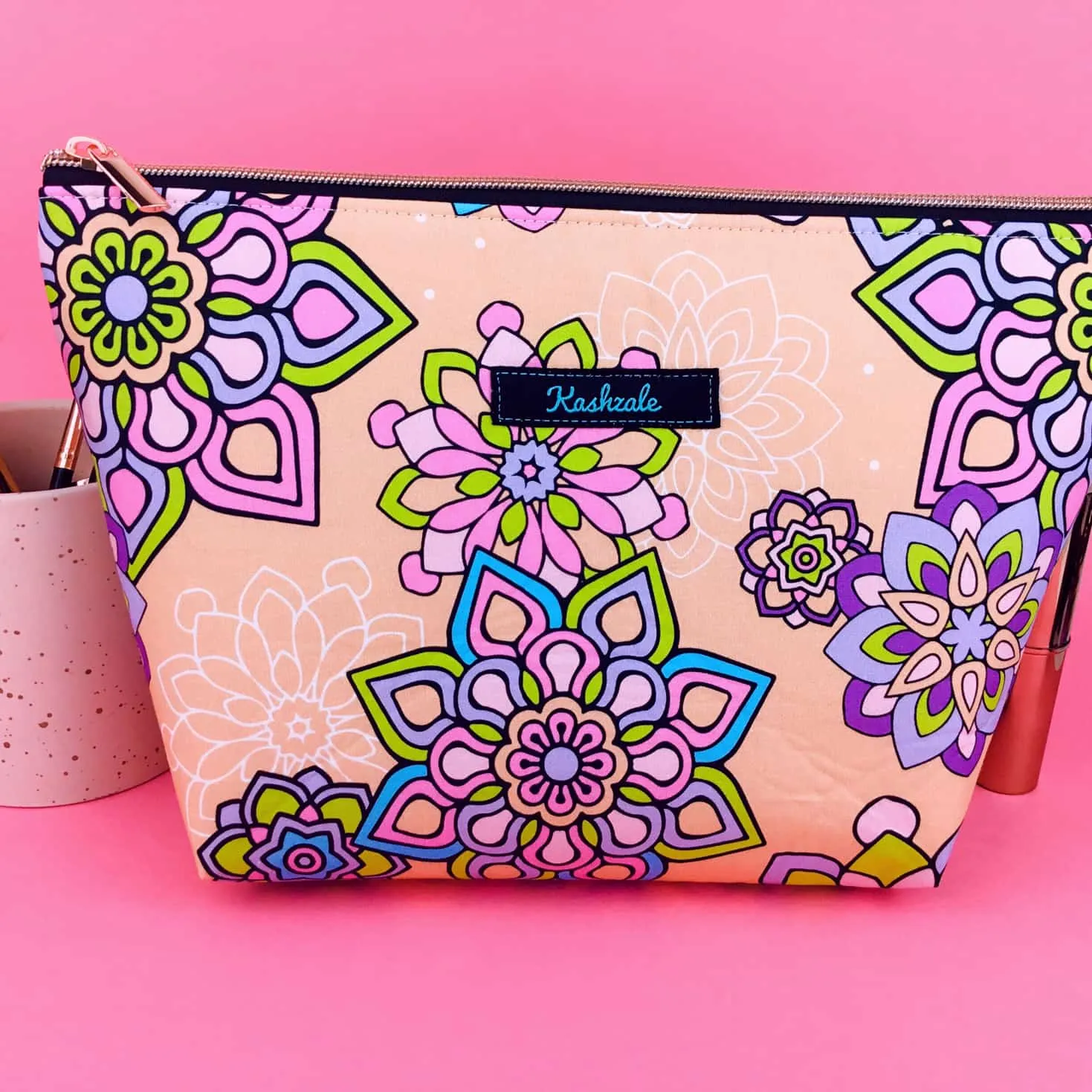 Mandala Magnifica Peach Large Makeup Bag. Exclusive Design.