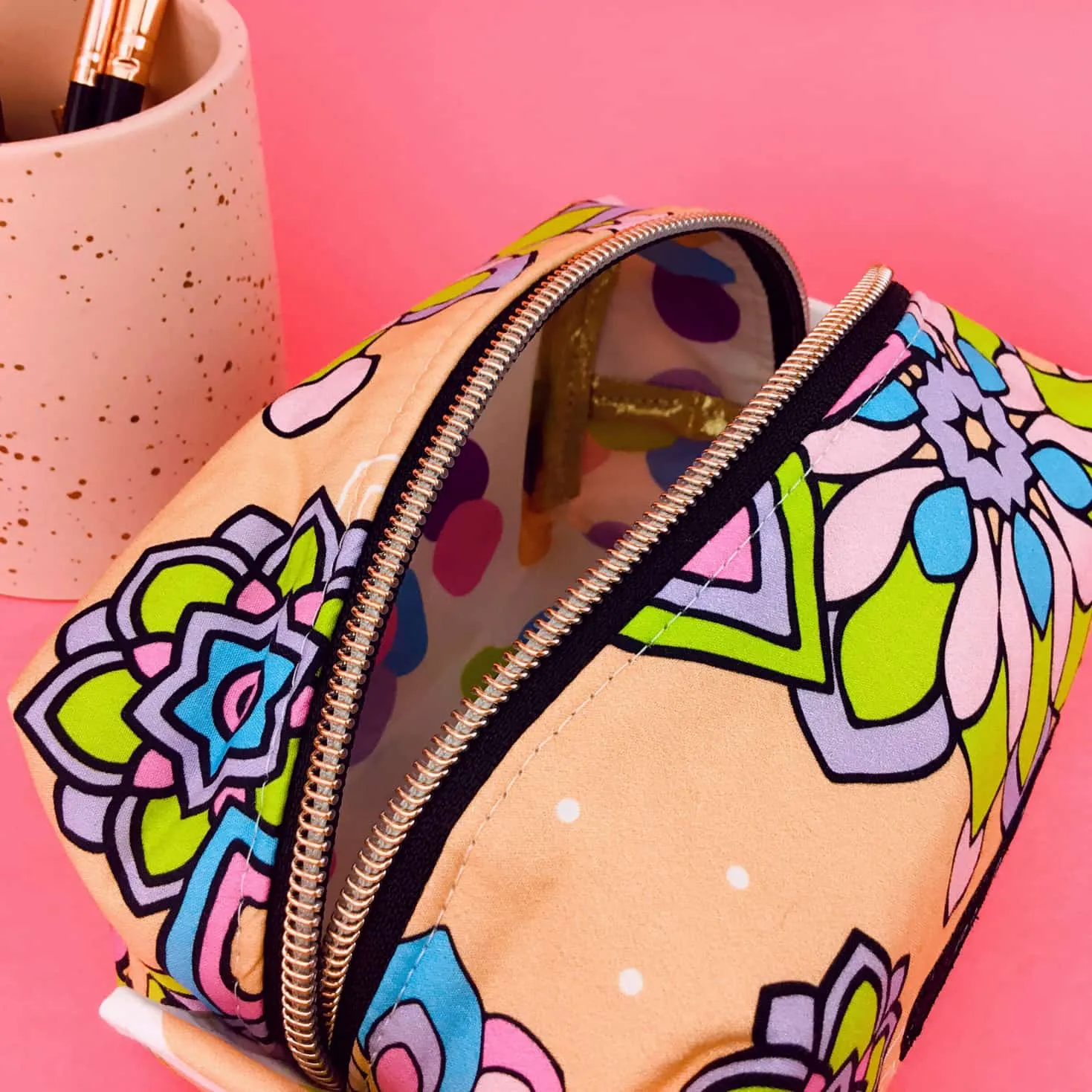 Mandala Magnifica Peach Medium Box Makeup Bag.  Exclusive Design.