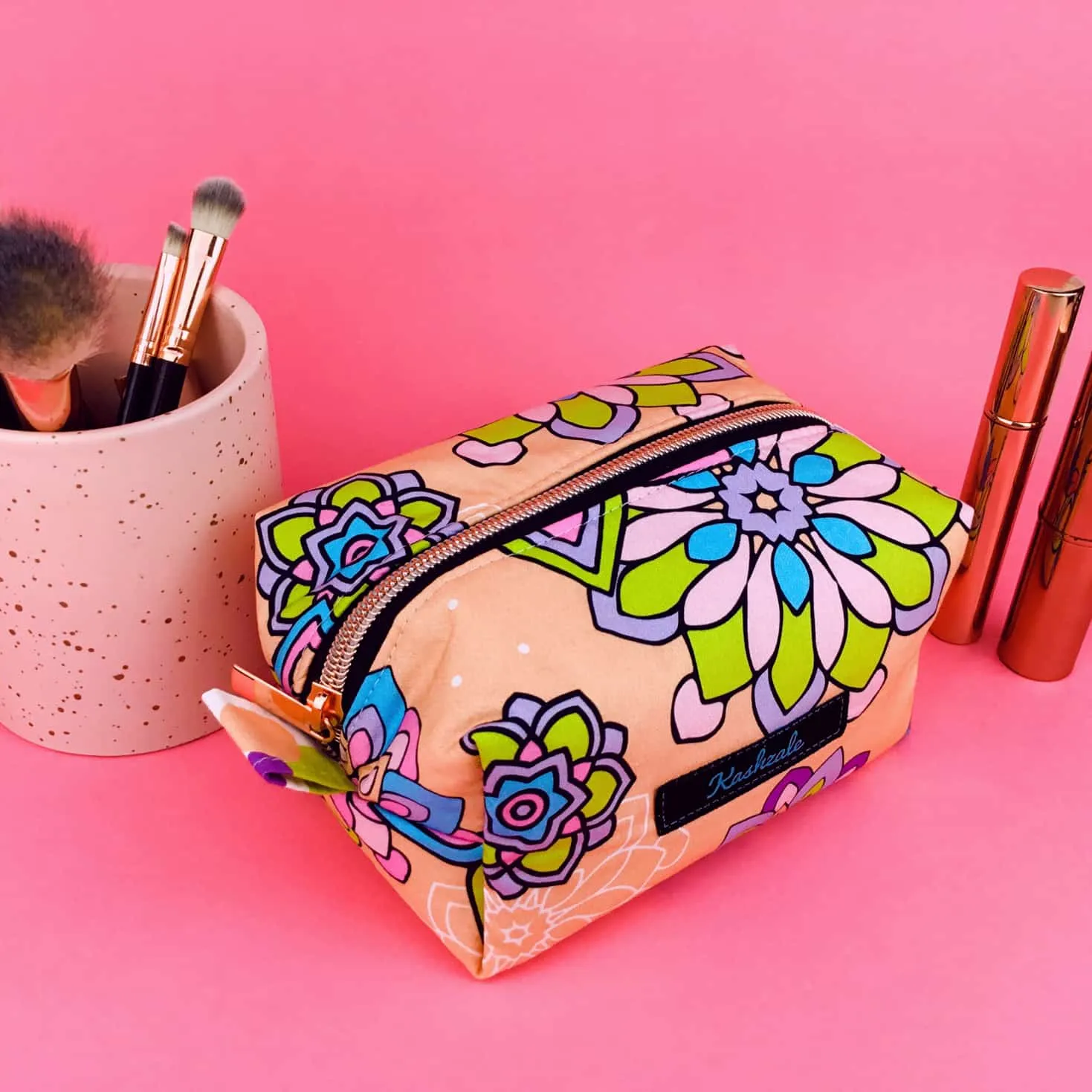 Mandala Magnifica Peach Medium Box Makeup Bag.  Exclusive Design.
