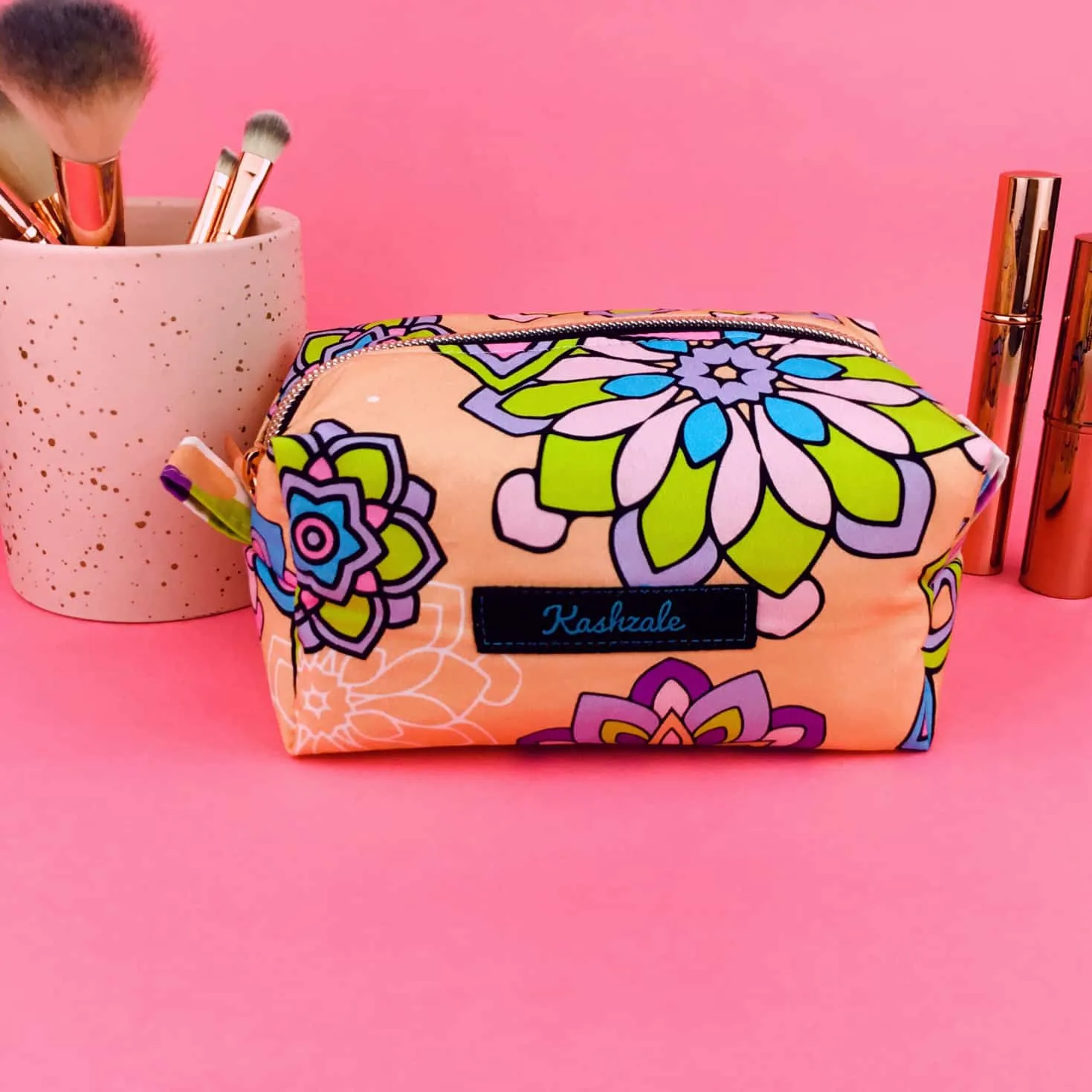 Mandala Magnifica Peach Medium Box Makeup Bag.  Exclusive Design.