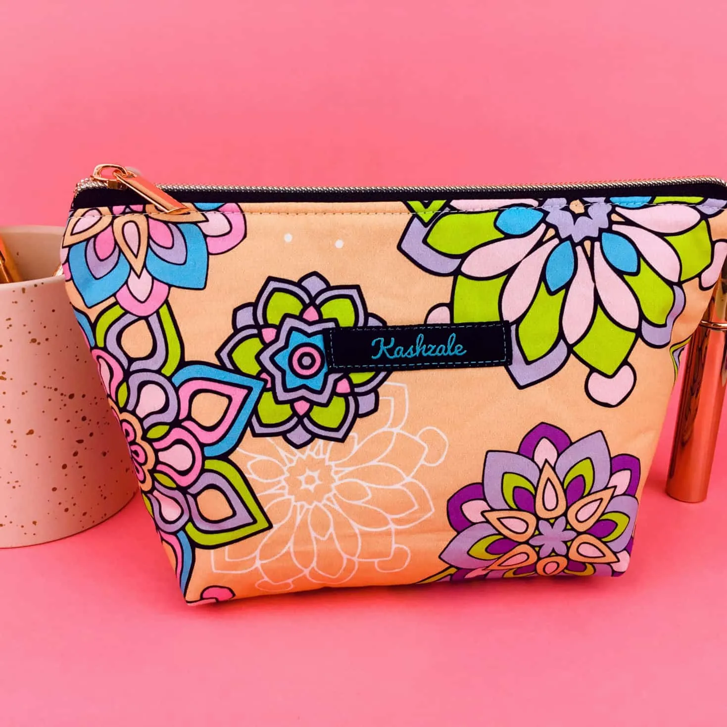 Mandala Magnifica Peach Medium Cosmetic Bag. Exclusive Design.