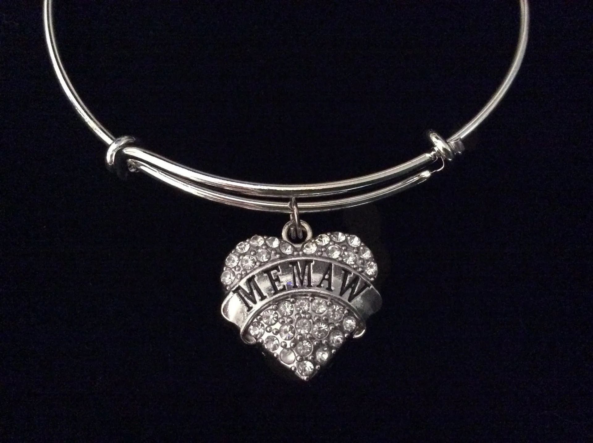 Memaw Silver Crystal Heart Charm Bangle Adjustable Expandable Meaningful Gift Grandmother Gift