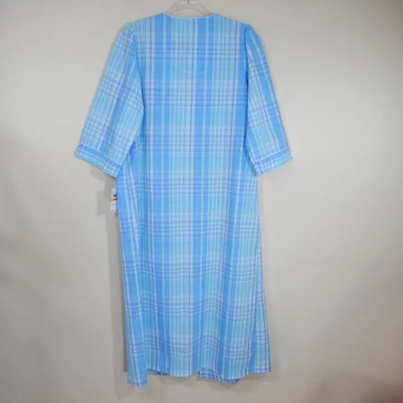 MISS ELAINE Seersucker Long Zip ROBE Size S Blue Plaid Pockets NEW 867603D