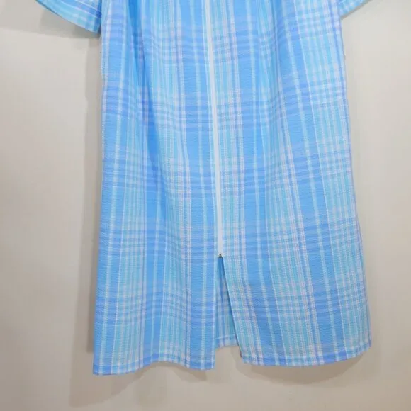 MISS ELAINE Seersucker Long Zip ROBE Size S Blue Plaid Pockets NEW 867603D