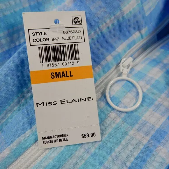 MISS ELAINE Seersucker Long Zip ROBE Size S Blue Plaid Pockets NEW 867603D