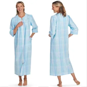 MISS ELAINE Seersucker Long Zip ROBE Size S Blue Plaid Pockets NEW 867603D
