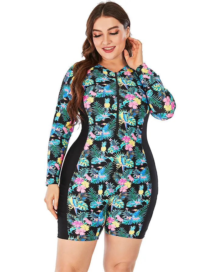 Multicolor High Neckline Boxer Zipper One-Piece Swimsuit