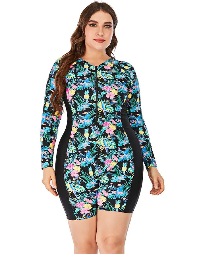 Multicolor High Neckline Boxer Zipper One-Piece Swimsuit
