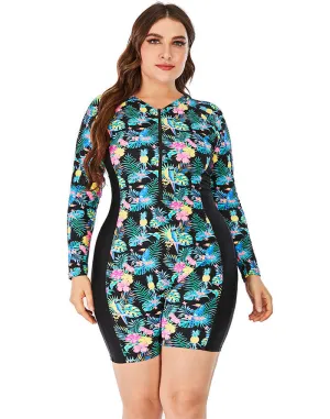 Multicolor High Neckline Boxer Zipper One-Piece Swimsuit