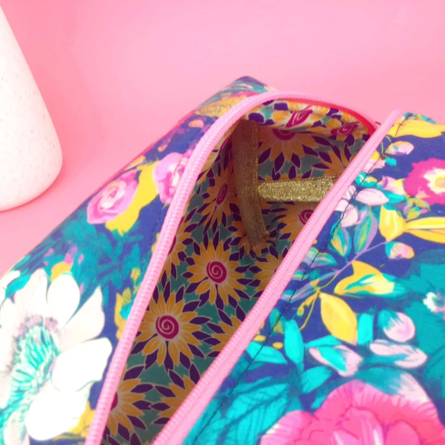 Navy and Pink Floral Large Box Cosmetic Bag.
