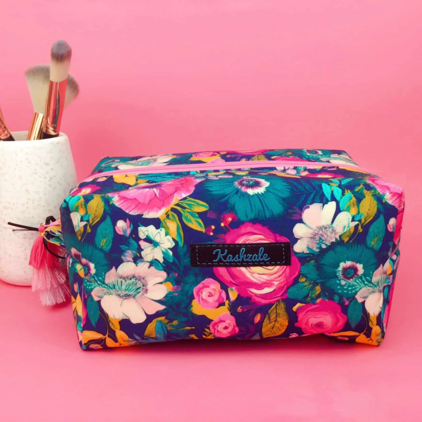 Navy and Pink Floral Large Box Cosmetic Bag.
