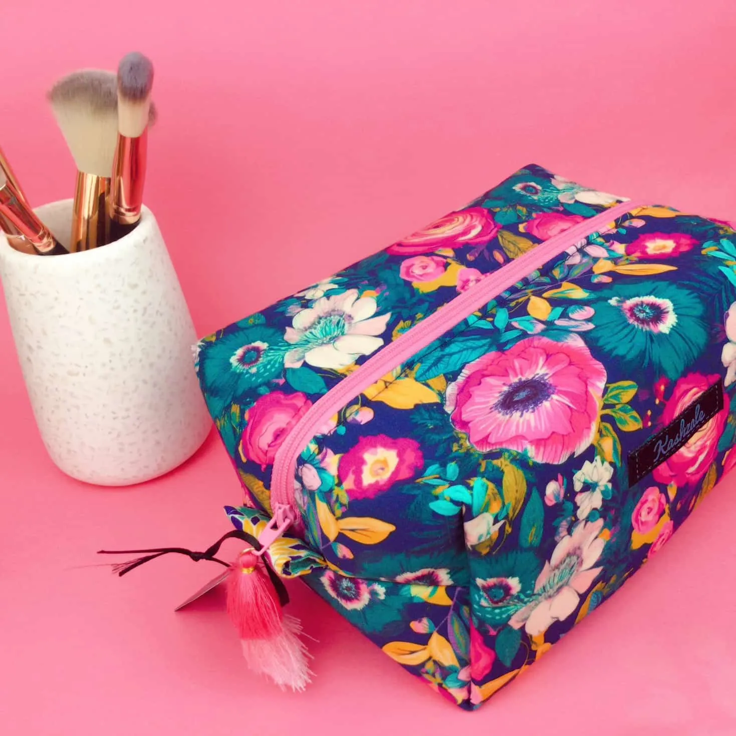 Navy and Pink Floral Large Box Cosmetic Bag.