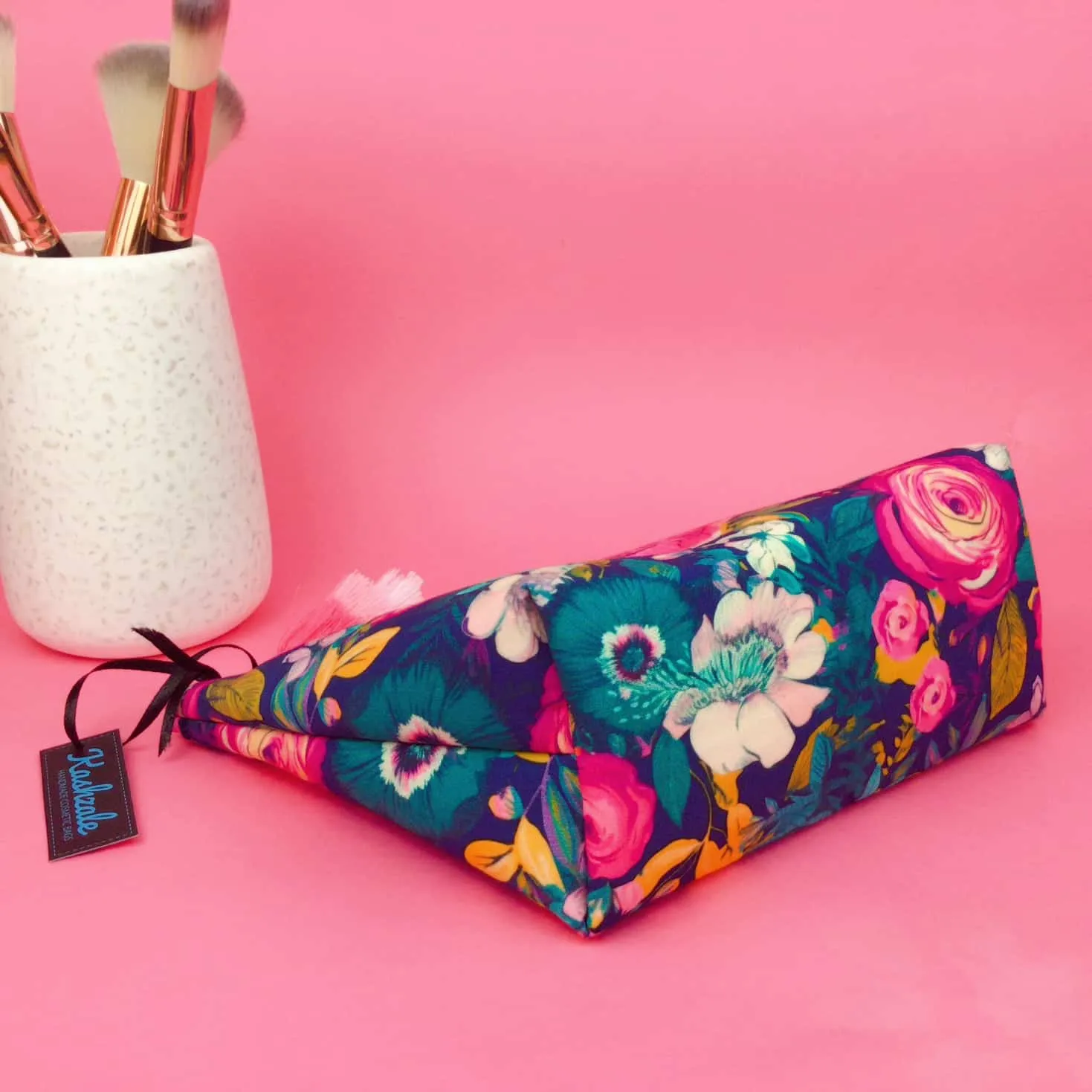 Navy and Pink Floral Medium Cosmetic Bag.