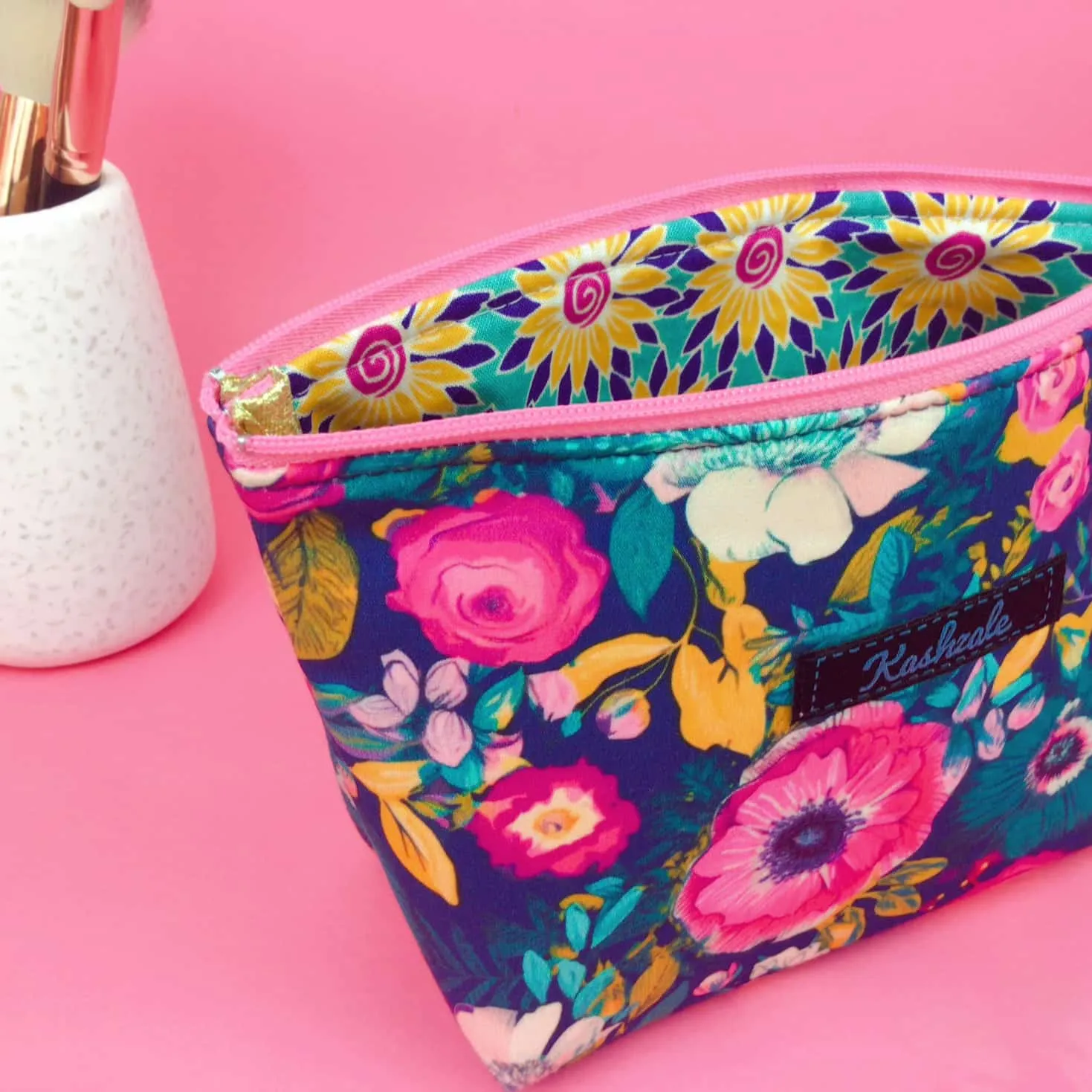 Navy and Pink Floral Medium Cosmetic Bag.